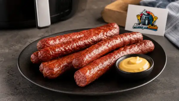 Leckere Cabanossi zubereiten: Fünf gebratene Würstchen auf einem Teller mit Senf. Perfekt für die Heißluftfritteuse.